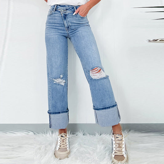 The Waverton High-Waist Ripped Straight Jeans by WentSchmick