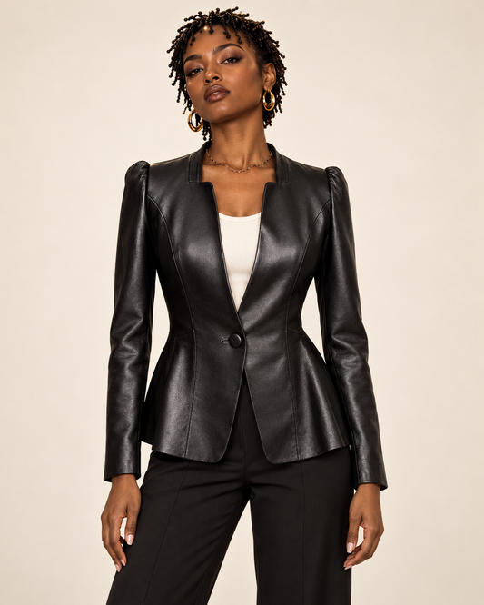Amara wearing the black Abbotsford leather jacket with a cream top and black tailored trousers
