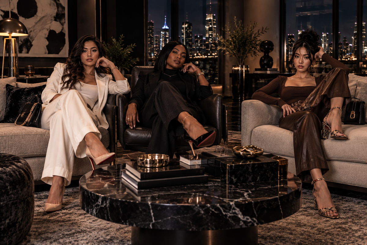Three women in heels relaxing in a luxury city lounge at night. She WentWild With It.